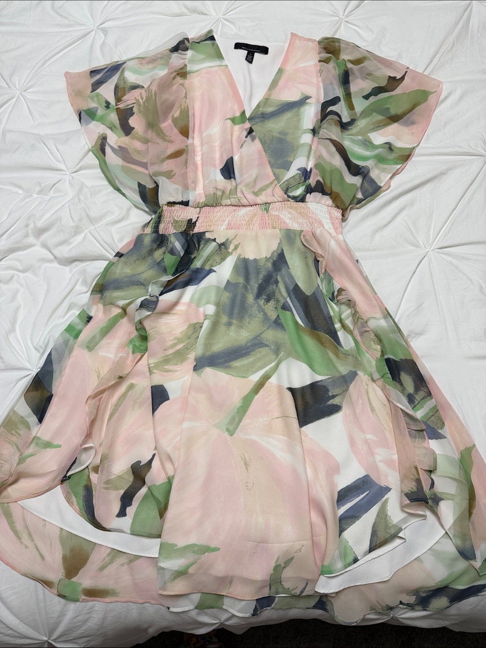 White House Black Market Pink and Green Watercolor Midi Dress
